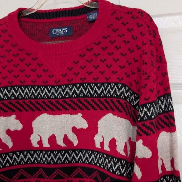Chaps Polar Bear Sweater Mens Size Large Red Christmas Holiday Cotton Crew Neck - Picture 3 of 9